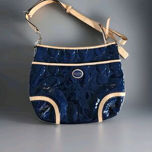 COACH Peyton Embossed Patent Leather Shoulder Bag Dark Blue Hobo K1281-F20022